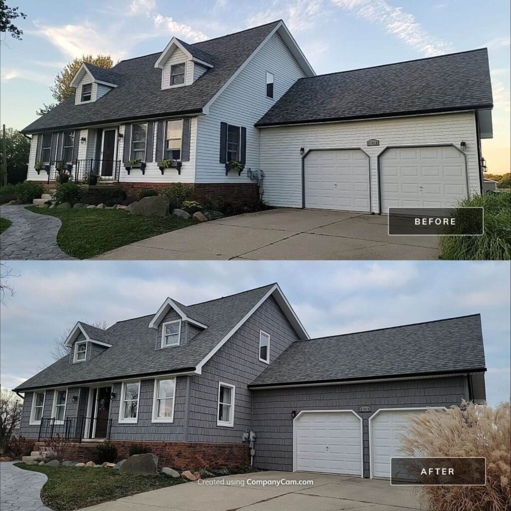 Before and after photos of house with new siding