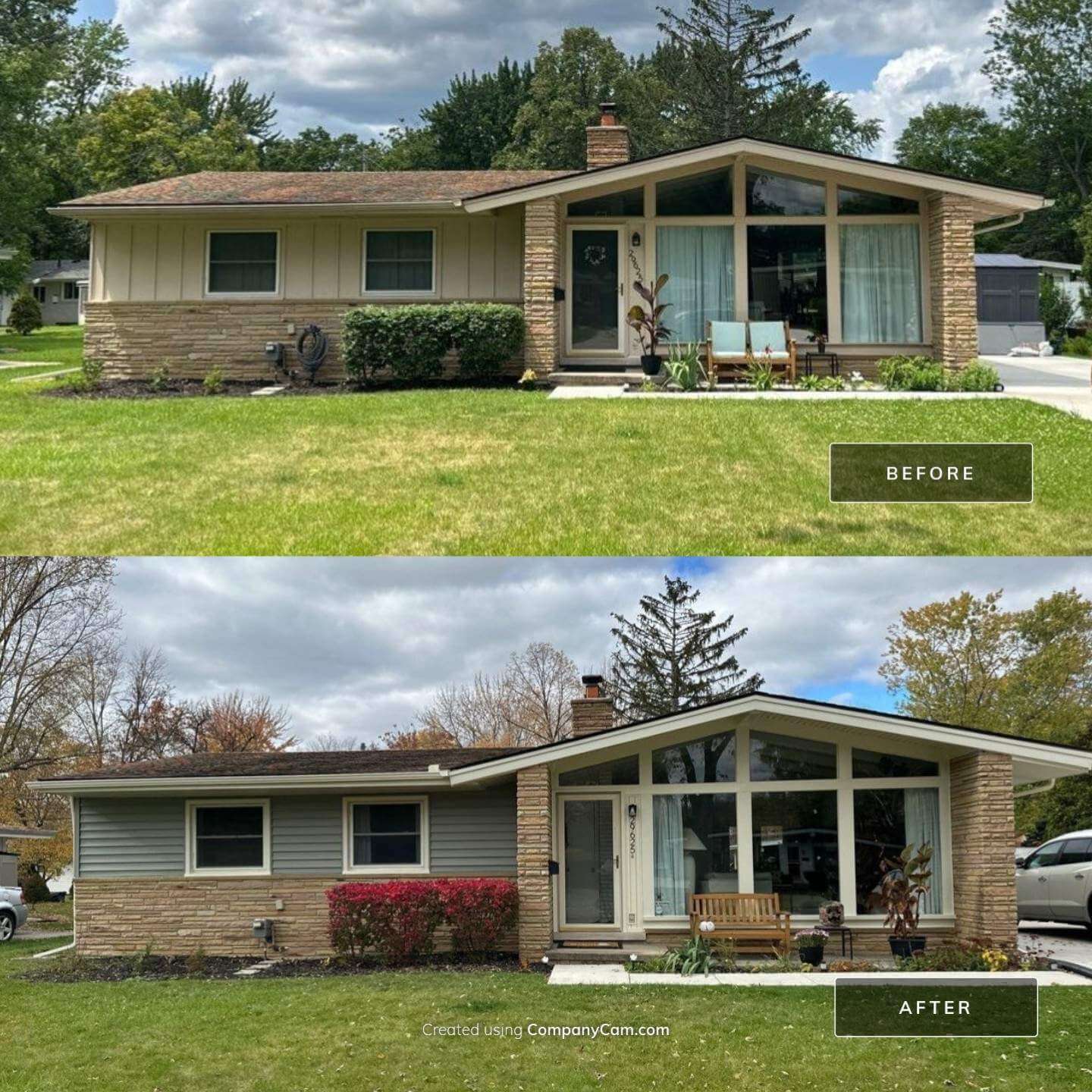 Before and after photos of house with new siding
