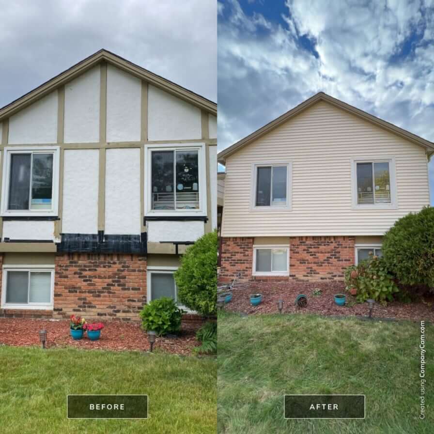 Before and after photos of house with new vinyl siding