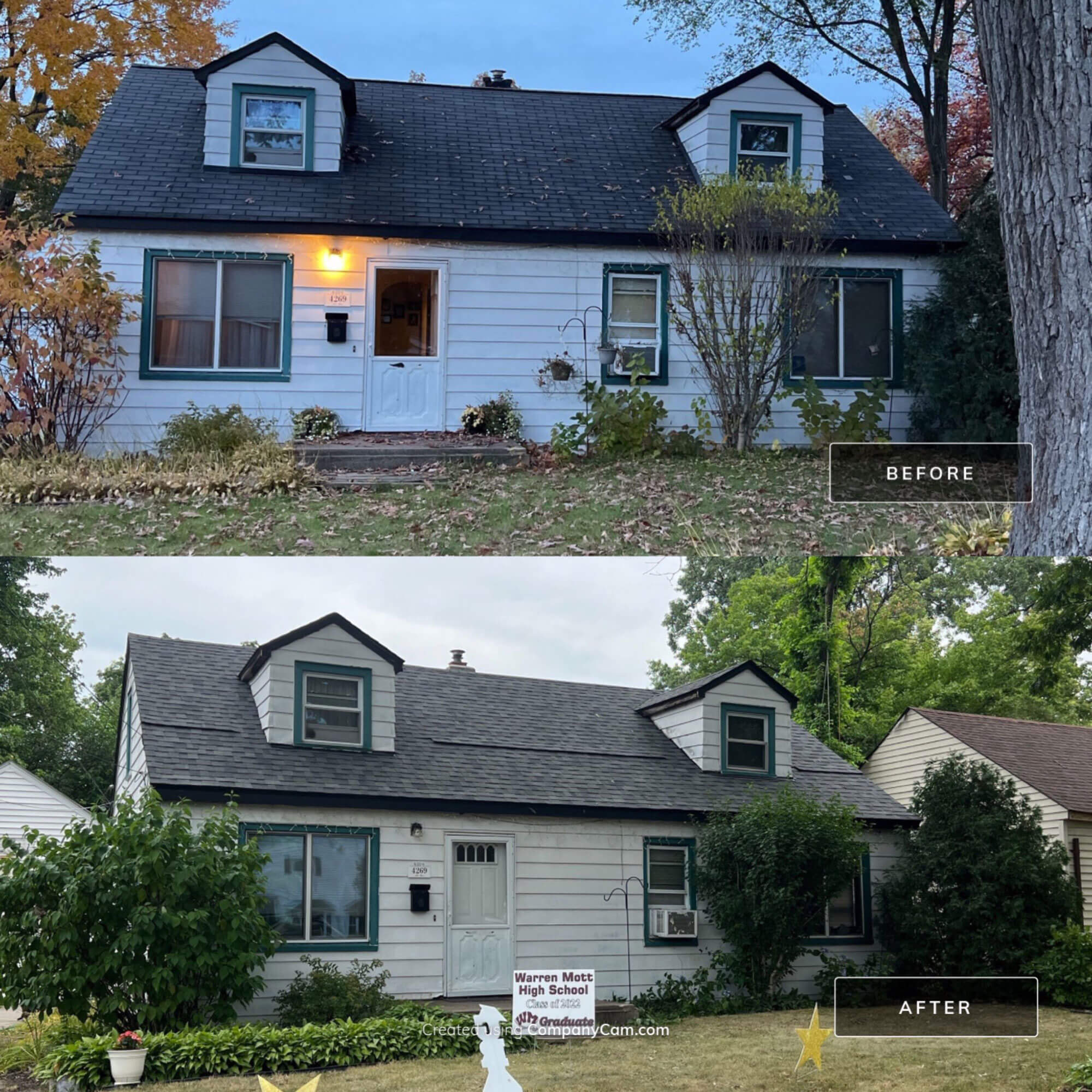 Before and after of a new gray roof