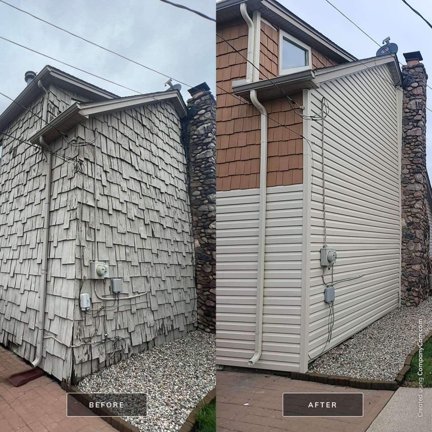 Before and after of a home with new gutters and siding