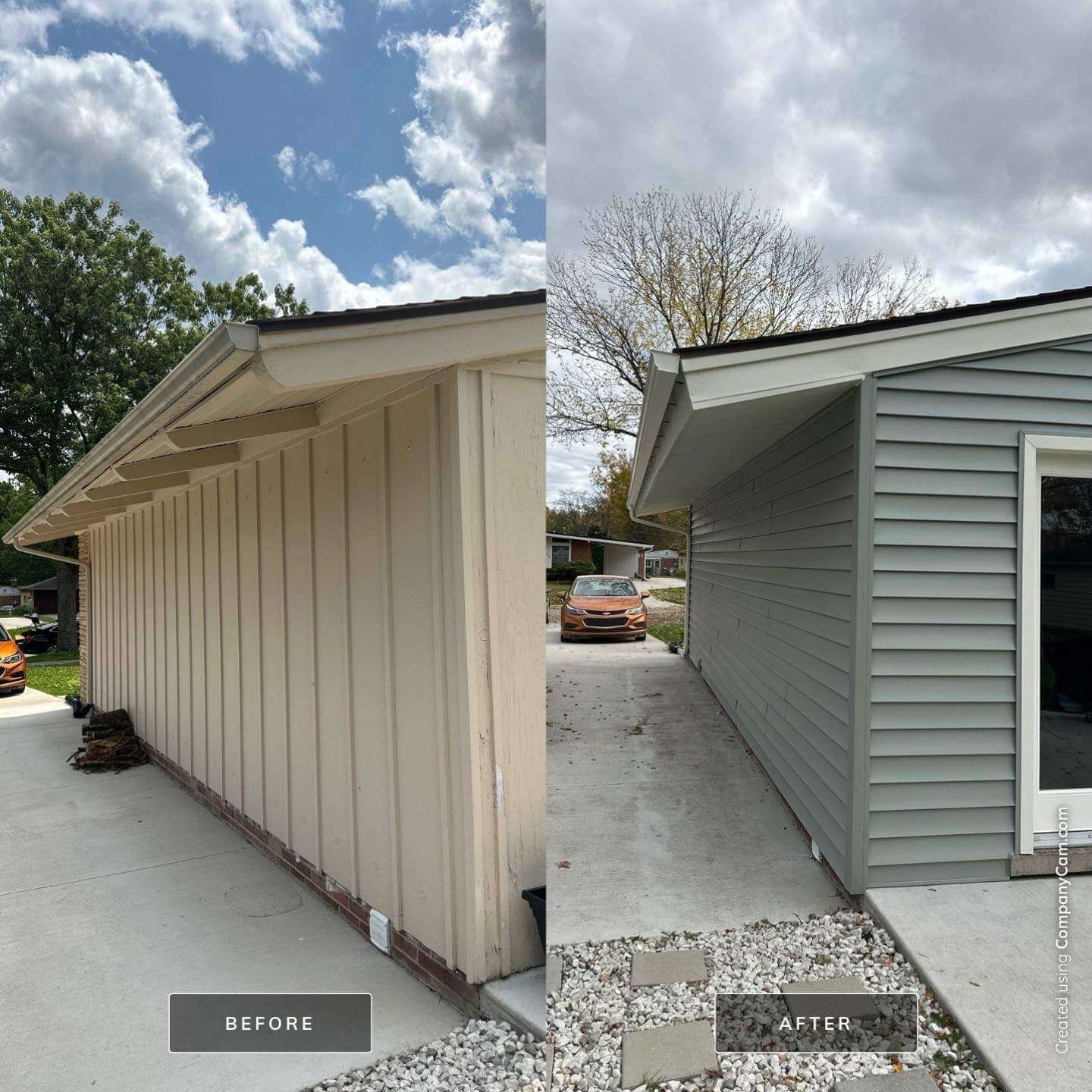Before and after photos of a home with new gutters and siding