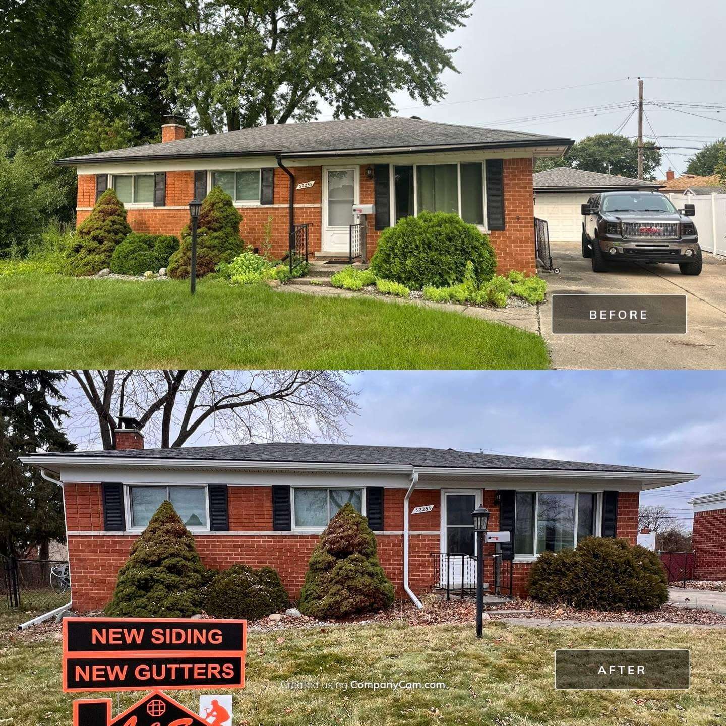 Before and after of a home with new gutters