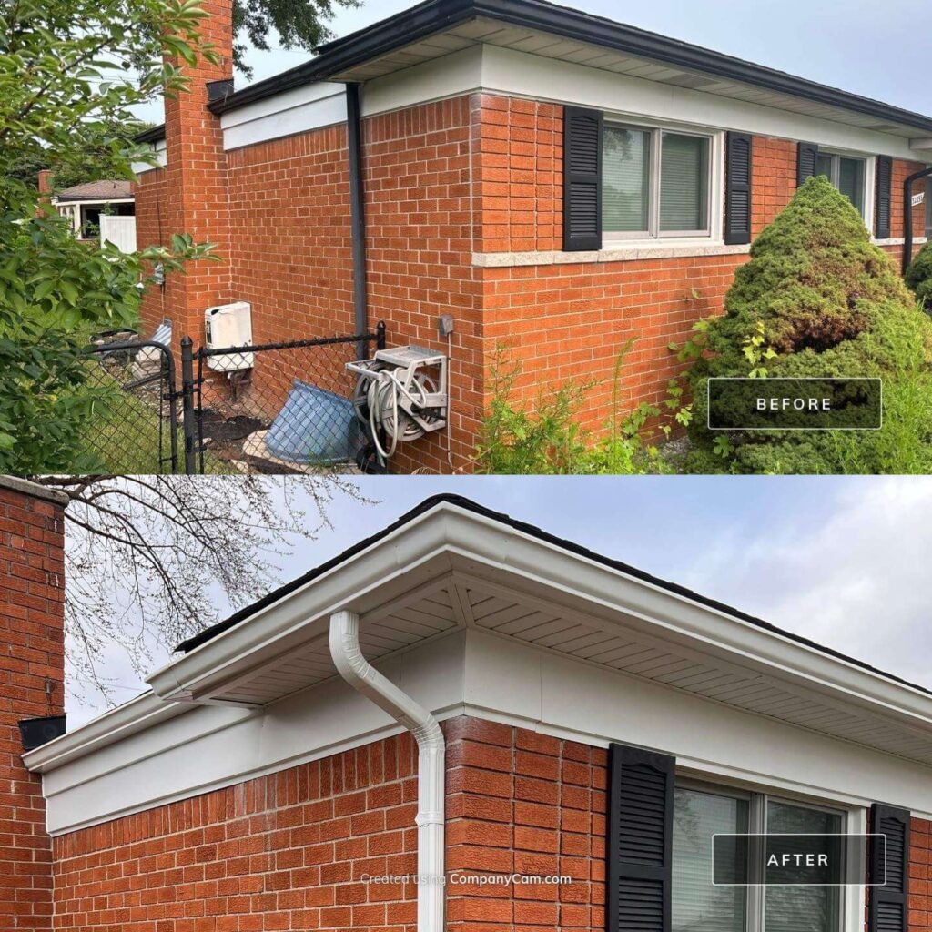 Before and after of a home with new seamless gutters
