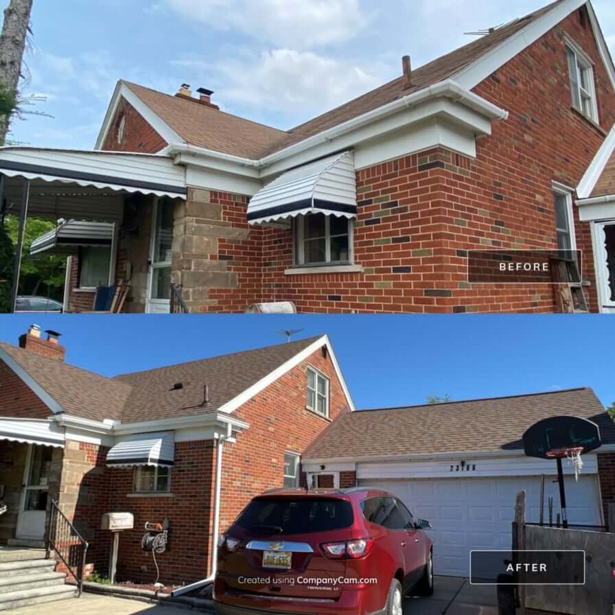 Before and after of a new brown roof