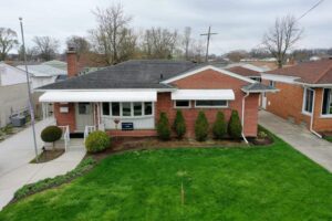 Birds eye view of house with new roof