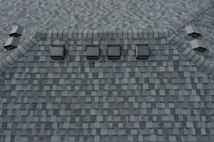 Birds eye view of house with new roof