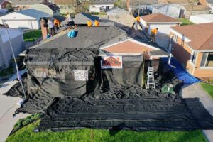 Birds eye view of L&S Home Improvements team working on new roof