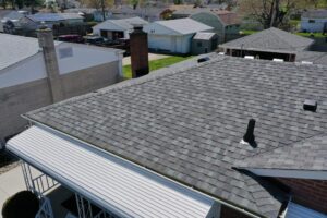 Birds eye view of house with new roof