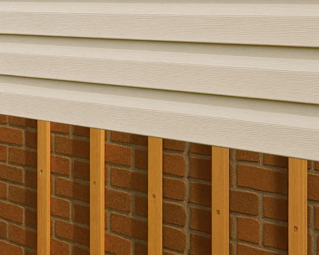 Wood furring strips are placed over brick. Vinyl siding is being installed over the furring strips.