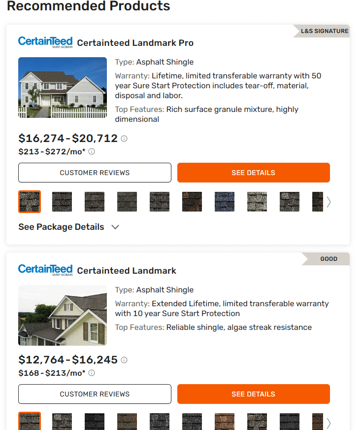 Recommended products with pricing in Roofle