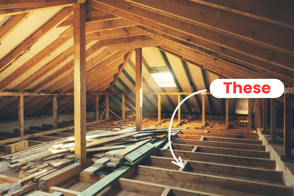 An arrow pointing to attic joists. A bubble with the word 'These' is next to the arrow, indicating that the objects the arrow is pointing to are the joists.
