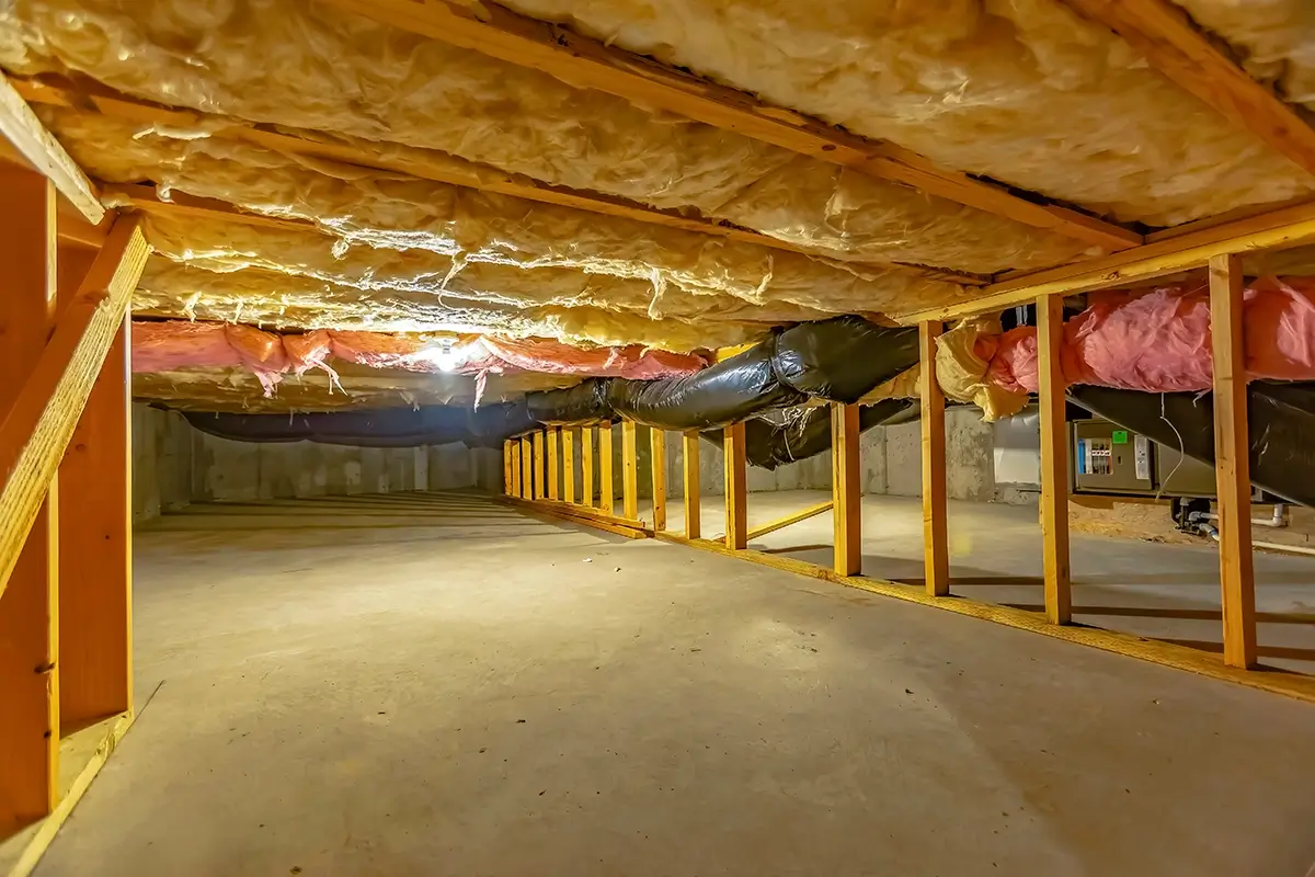 Basement or crawl space with upper floor insulation and wooden support beams