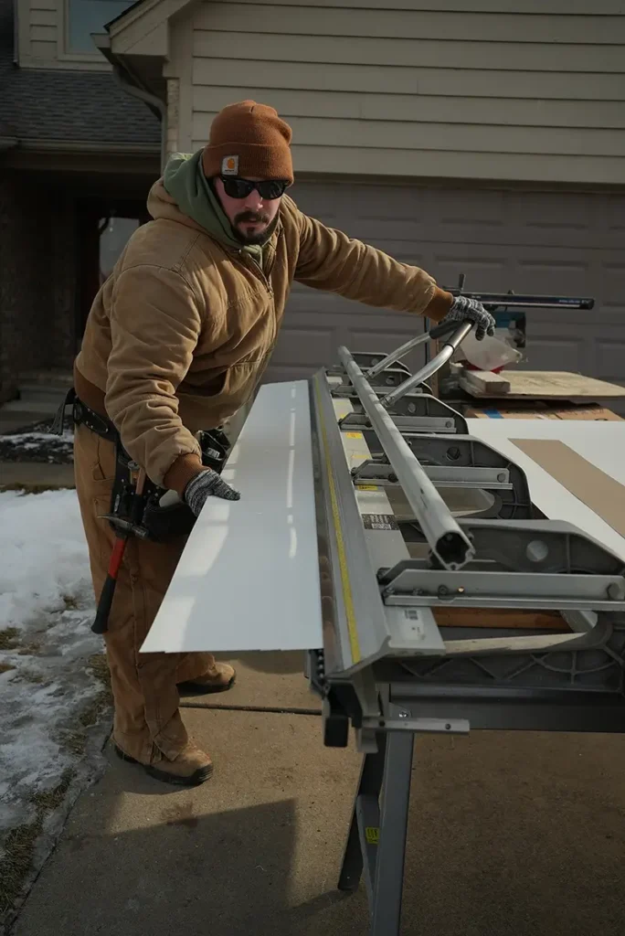 L&S Home Improvements worker cutting siding